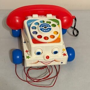 1985 Fisher Price  Chatter Telephone pull Toy Red and Blue 747 USA Plastic